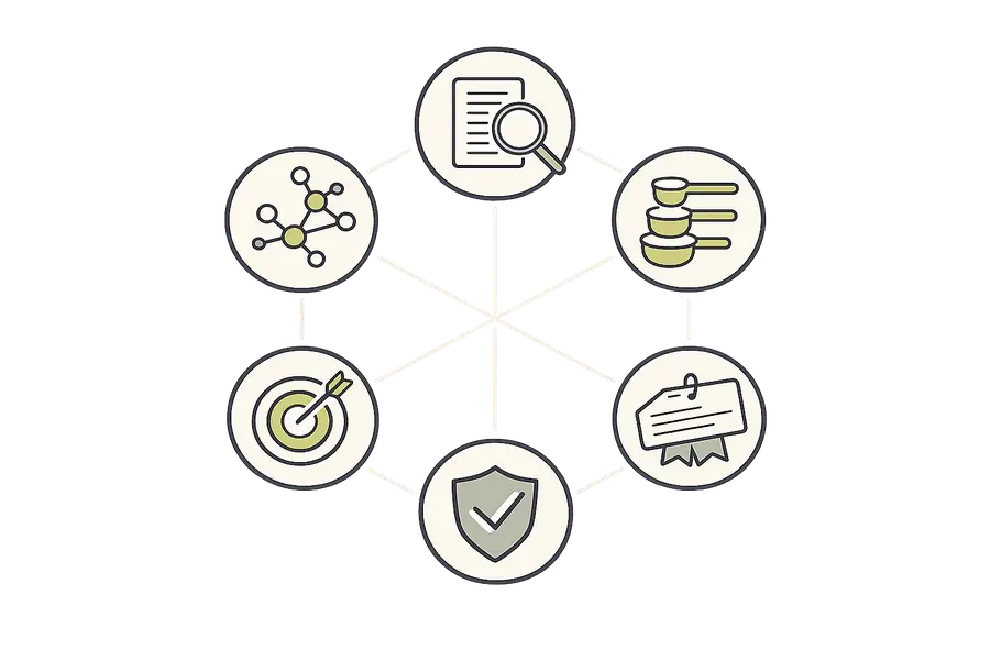 Six-part evaluation framework: research, dosing, targeting, transparency, safety, verification