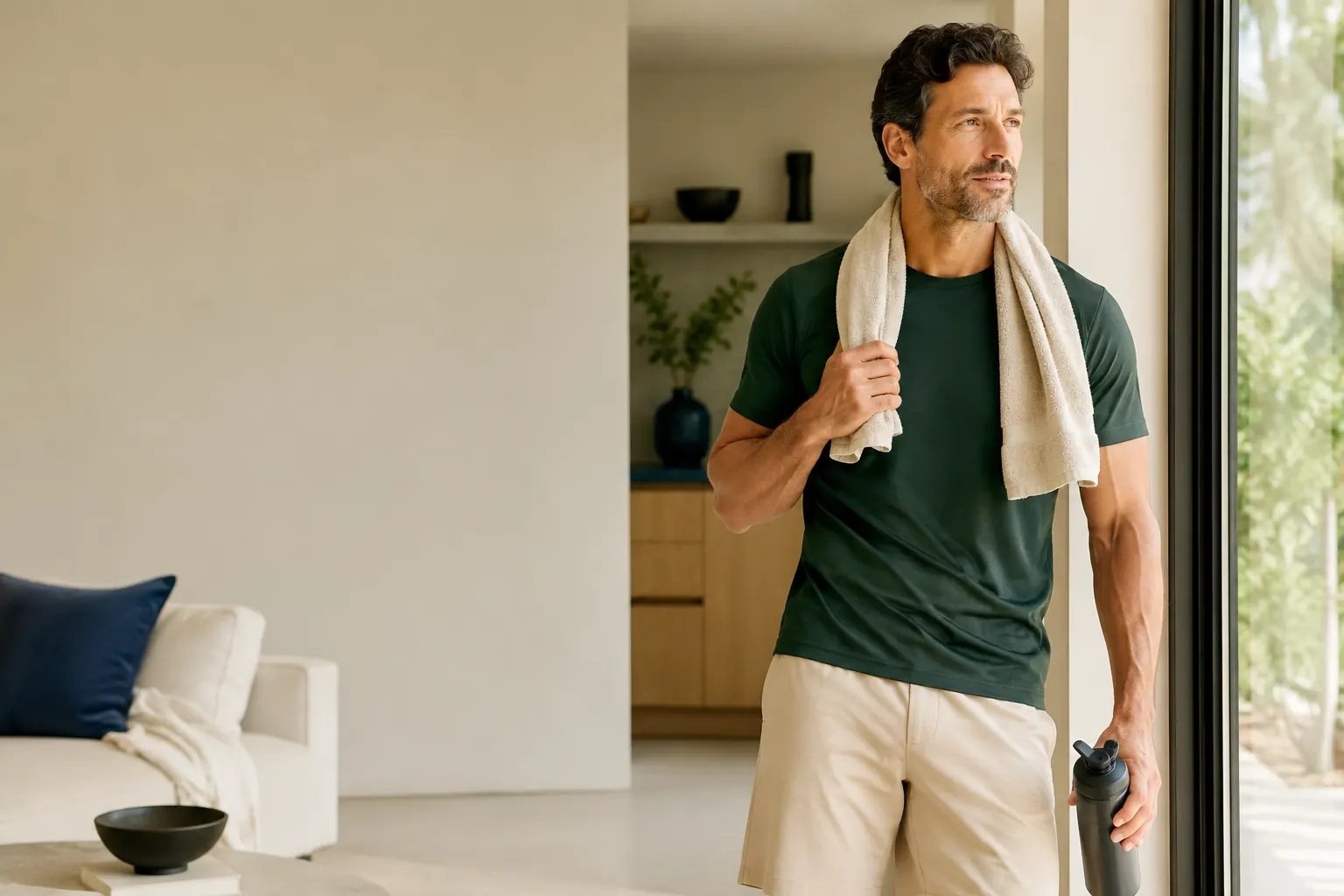 Man in his 40s in soft daylight, relaxed and confident