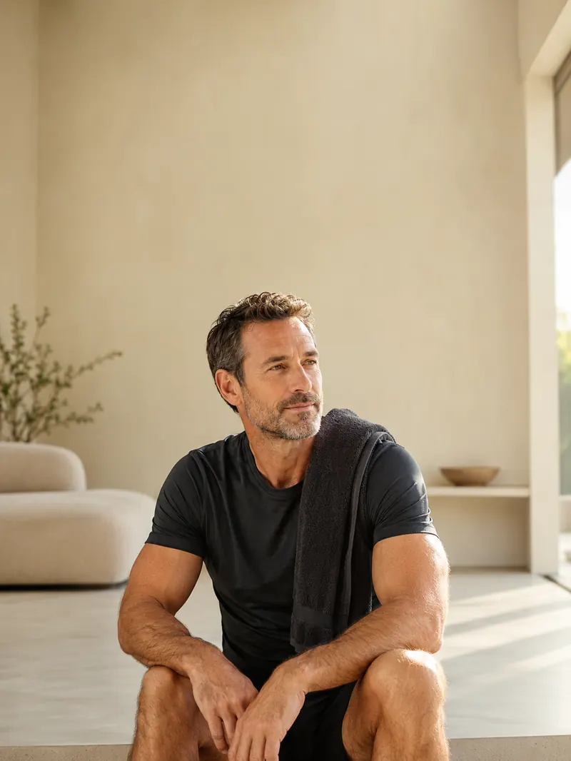 Man in his 40s in soft daylight, relaxed and confident